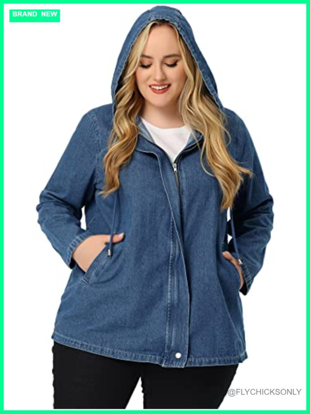 Plus Size Denim Jacket with Hood Drawstring Utility Pockets